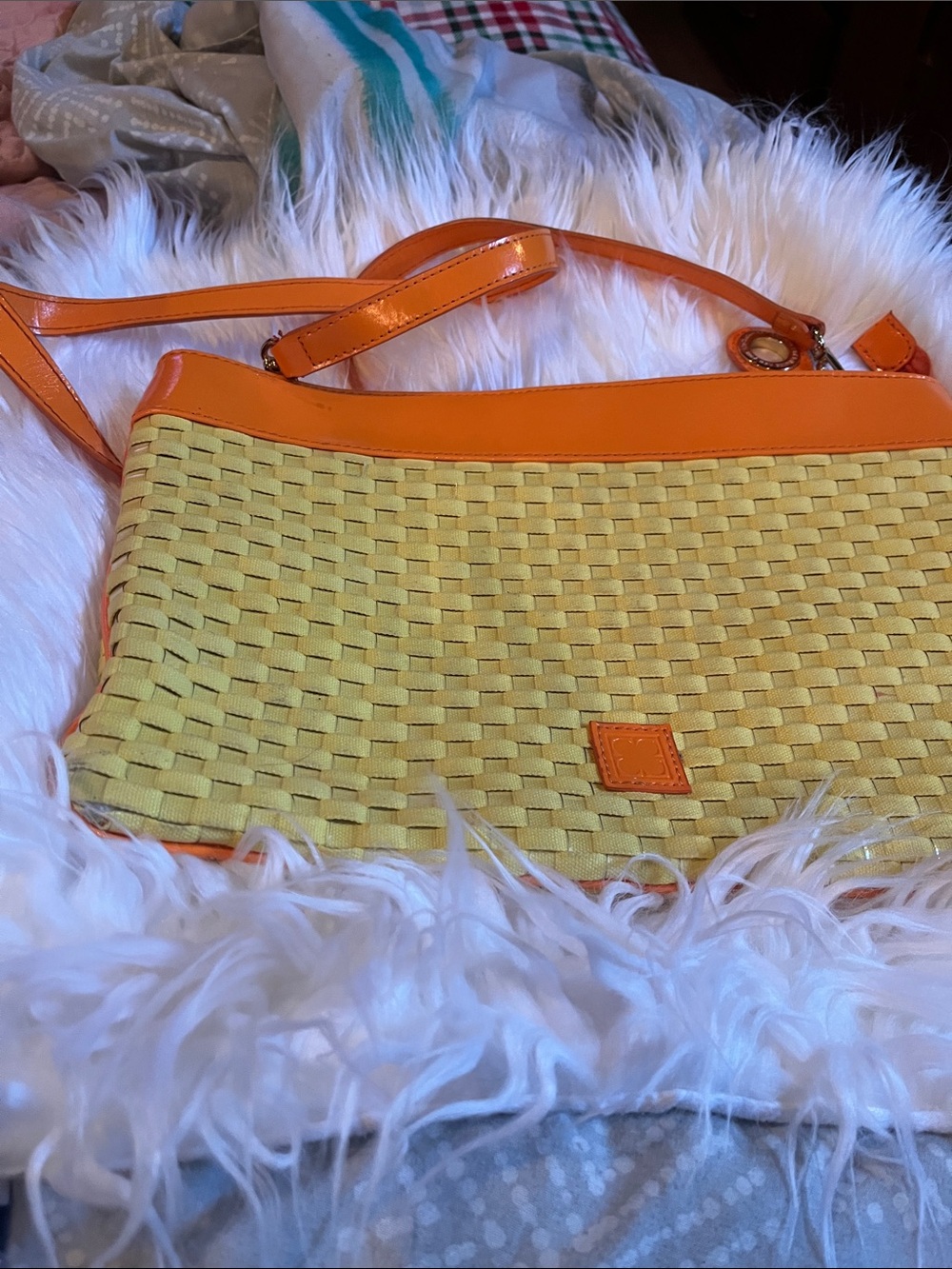 Liz Claiborne Yellow Woven Crossbody with Orange Trim